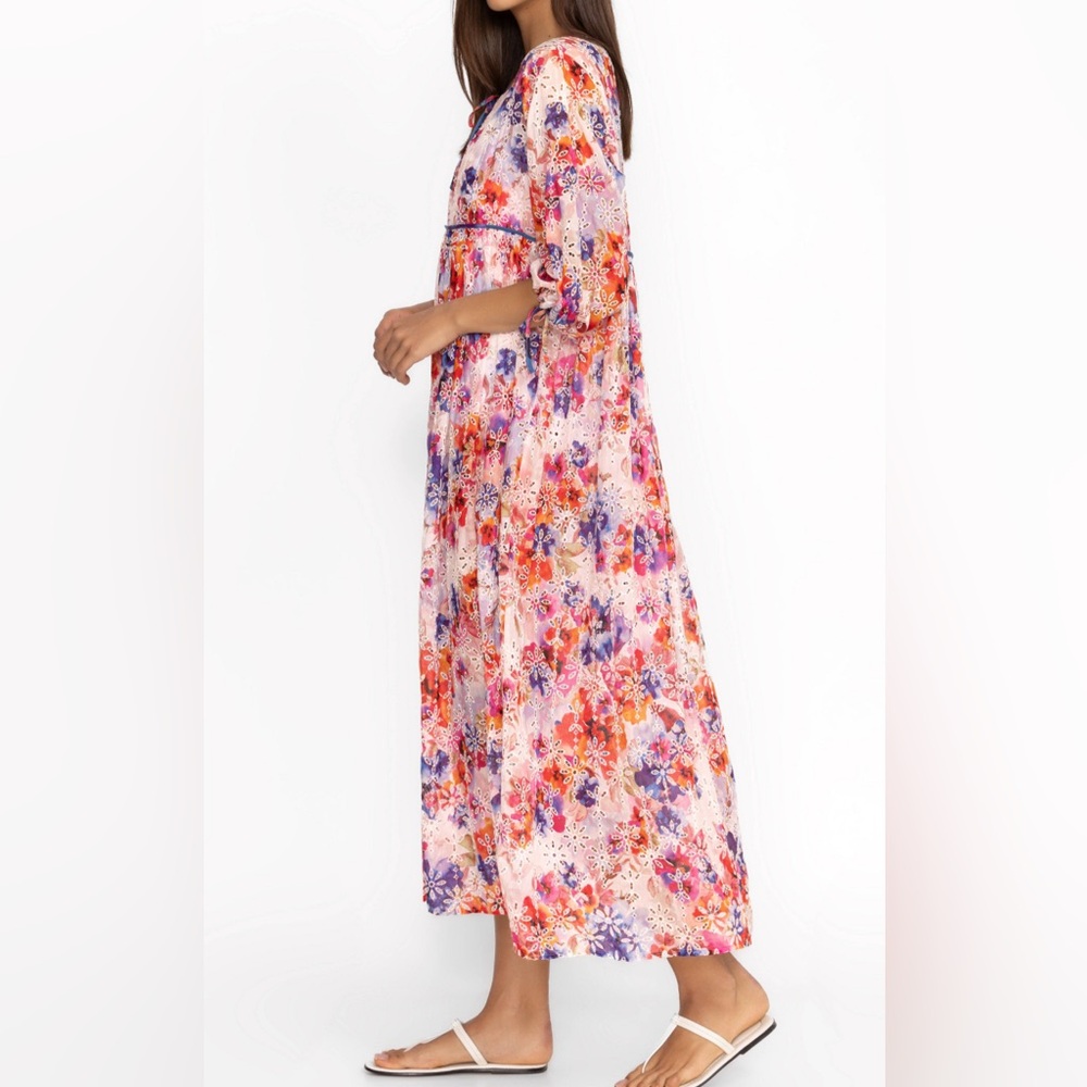 JOHNNY WAS SUMMER DAYS EYELET TIERED MIDI DRESS XS FLORAL WATERCOLOR COTTON/SILK